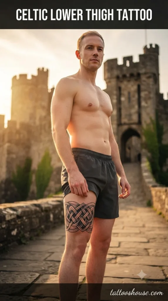 Celtic knotwork lower thigh tattoo for men on pale thigh at castle by tattooshouse.com