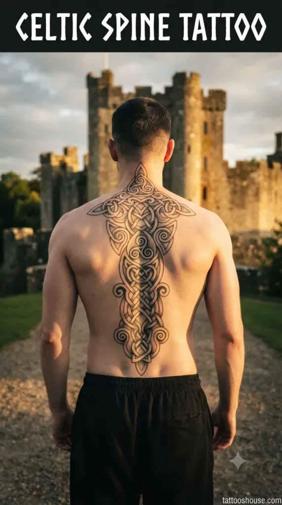 Celtic knotwork spine tattoo for men on pale back at castle by tattooshouse.com