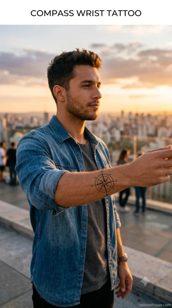Compass wrist tattoo for men on tan outer wrist on rooftop by tattooshouse.com