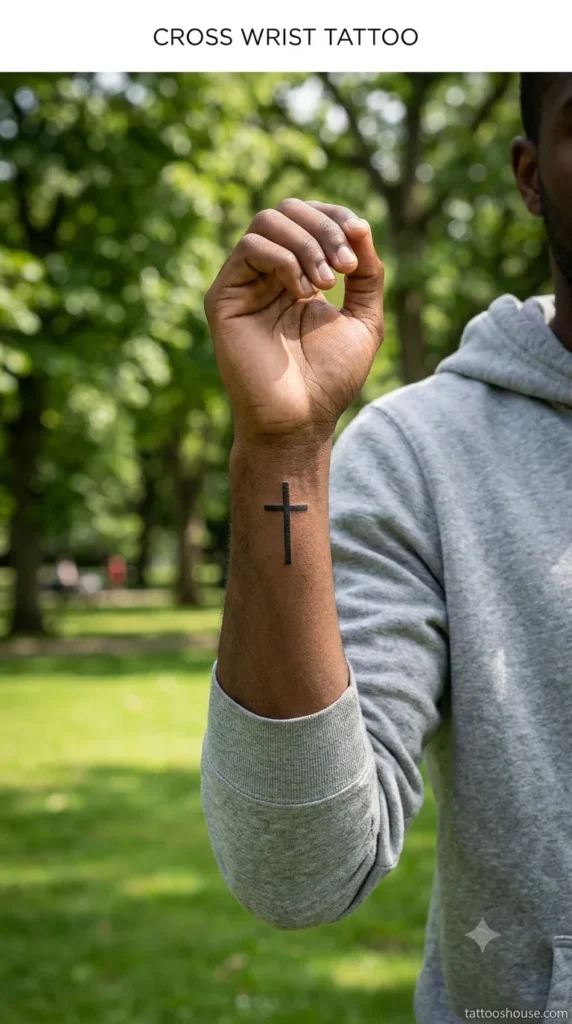 Minimalist cross wrist tattoo for men on dark brown wrist outdoors by tattooshouse.com