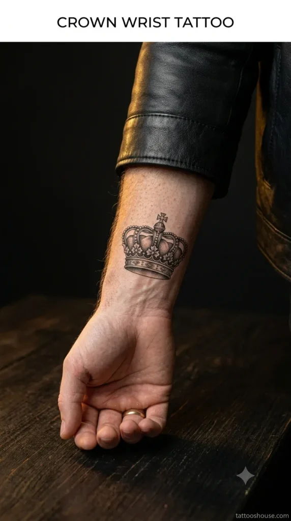 Crown wrist tattoo for men on fair freckled wrist by tattooshouse.com