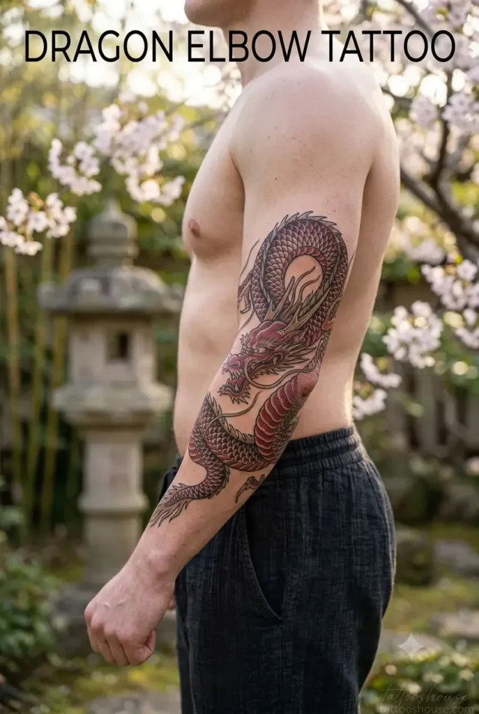 Japanese dragon elbow tattoo for men on fair arm in Japanese garden with red gold scales by tattooshouse.com