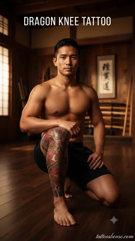 Dragon knee tattoo for men on tan knee in dojo by tattooshouse.com