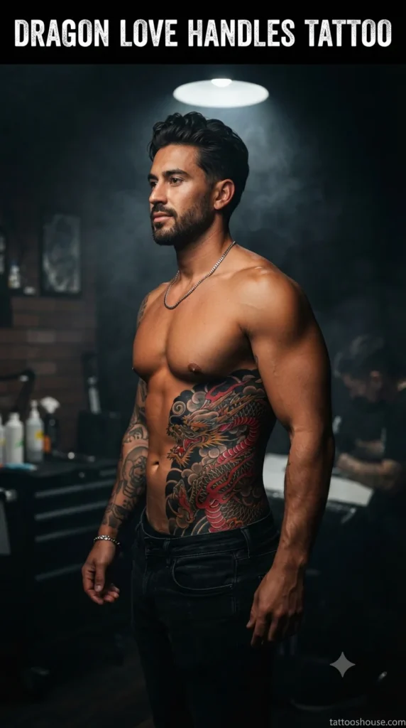Dragon love handles tattoo for men on tan side torso in dark studio by tattooshouse.com