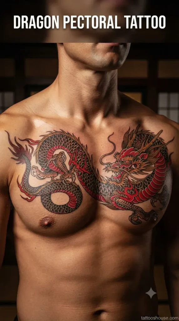 Dragon pectoral tattoo for men on tan chest by tattooshouse.com