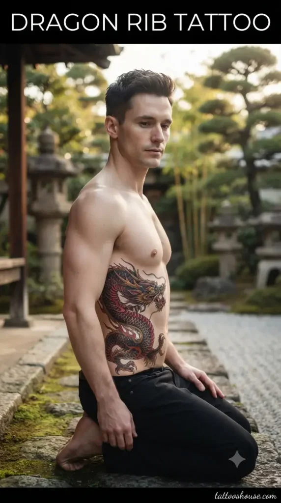 Japanese dragon rib tattoo for men on pale torso in garden by tattooshouse.com