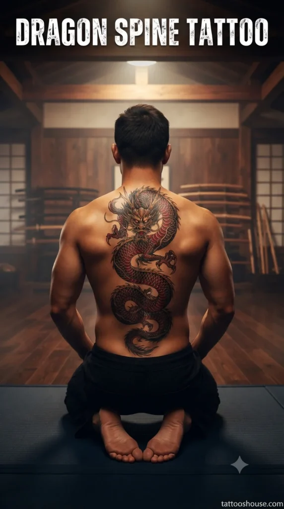 Dragon spine tattoo for men on tan back in dojo by tattooshouse.com
