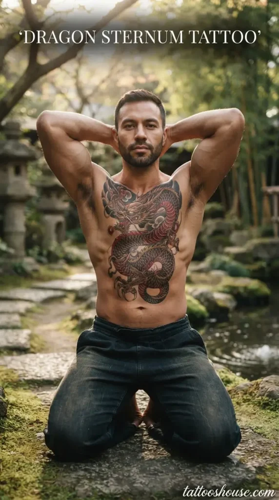 Japanese dragon sternum tattoo for men on olive chest in garden by tattooshouse.com