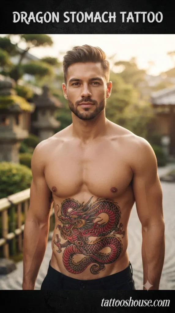 Dragon stomach tattoo for young man on tan torso by tattooshouse.com