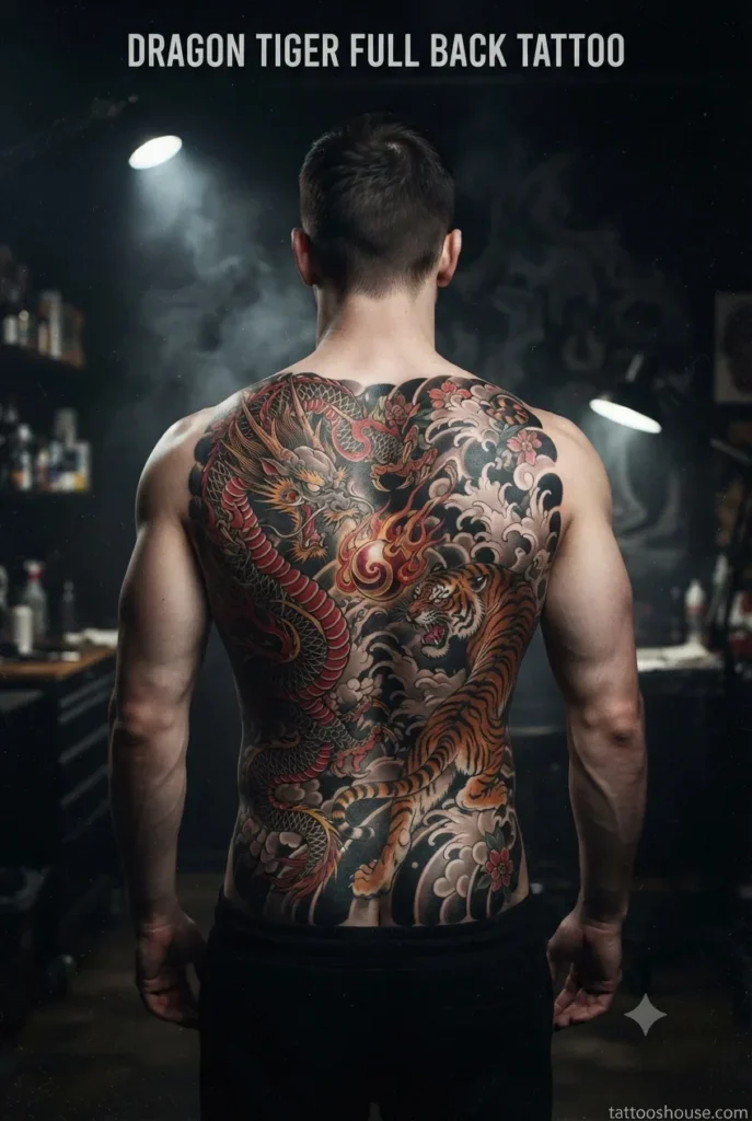 Dragon and tiger conflict full back tattoo for men on pale back by tattooshouse.com