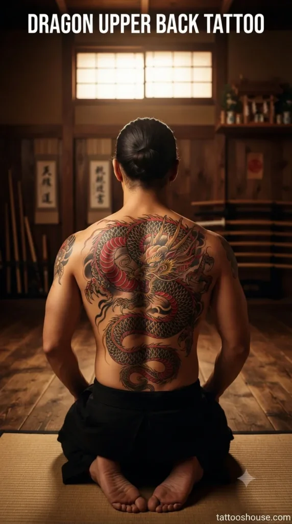 Dragon upper back tattoo for men on olive back in dojo by tattooshouse.com