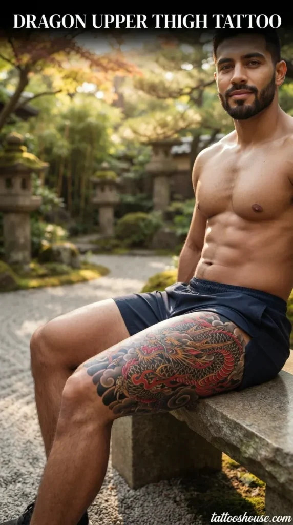 Japanese dragon upper thigh tattoo for men on olive thigh in garden by tattooshouse.com