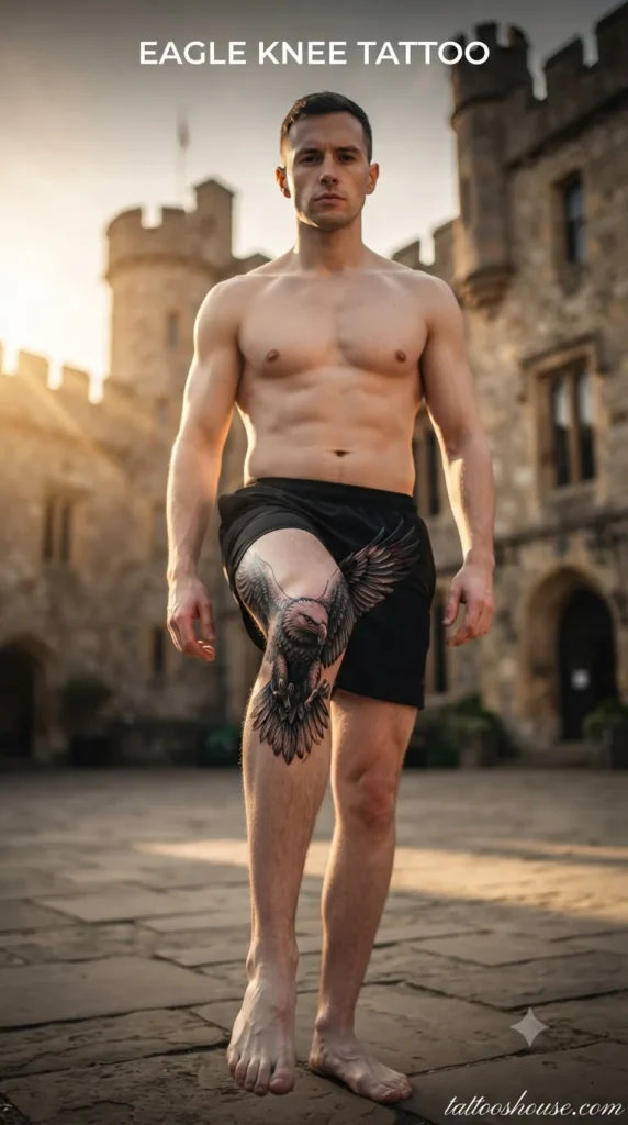 Eagle knee tattoo for men on pale knee at castle by tattooshouse.com