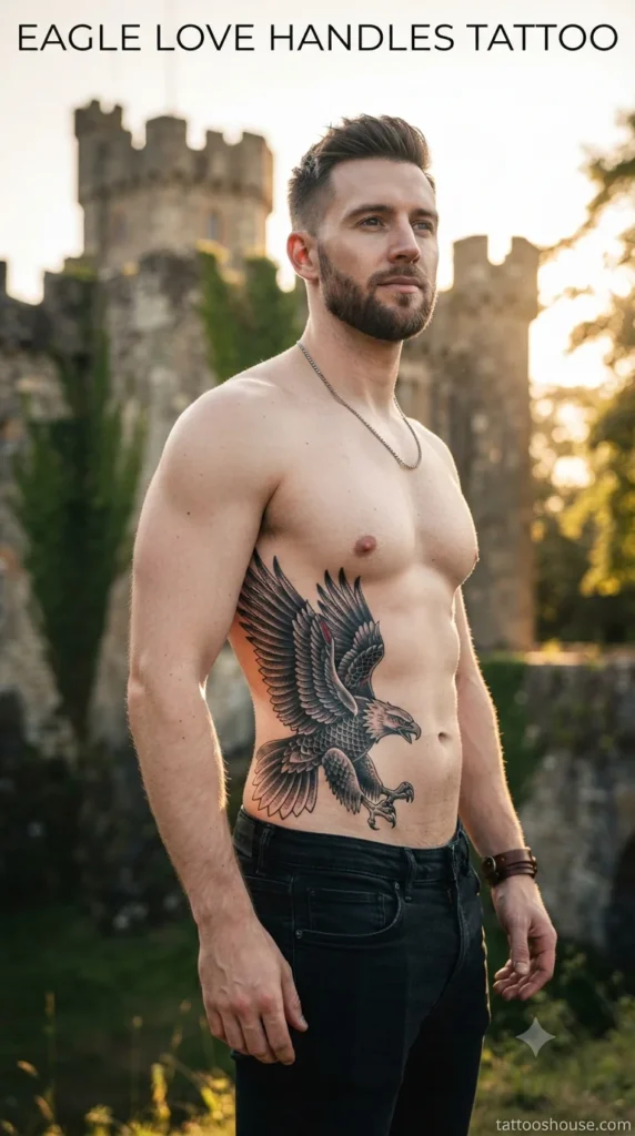 Eagle love handles tattoo for men on pale side torso at castle by tattooshouse.com