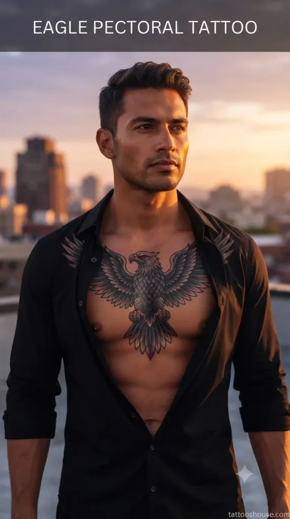 Eagle pectoral tattoo for men on tan chest by tattooshouse.com