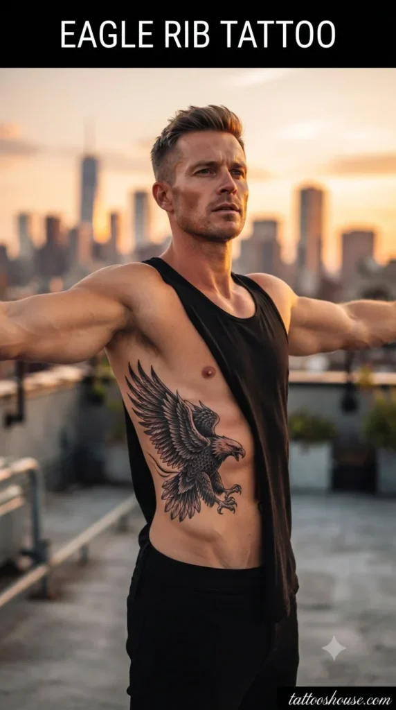 Eagle rib tattoo for men on fair torso on rooftop by tattooshouse.com