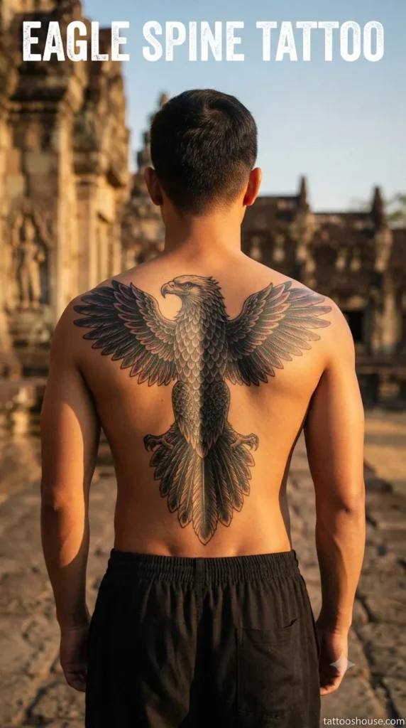 Eagle spine tattoo for men on tan back at temple by tattooshouse.com