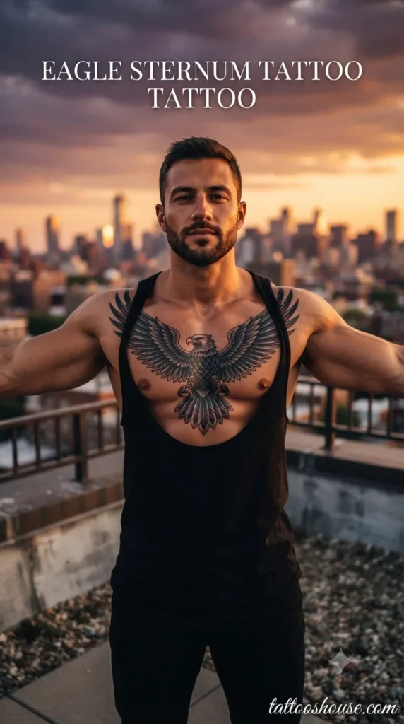 Eagle sternum tattoo for men on tan chest on rooftop by tattooshouse.com