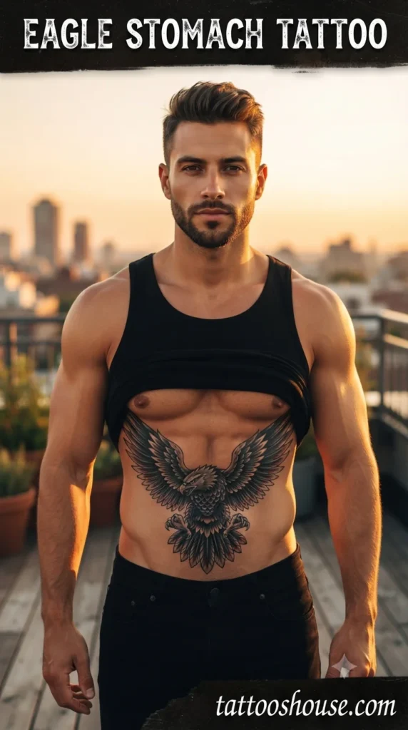 Eagle stomach tattoo for young man on olive torso by tattooshouse.com