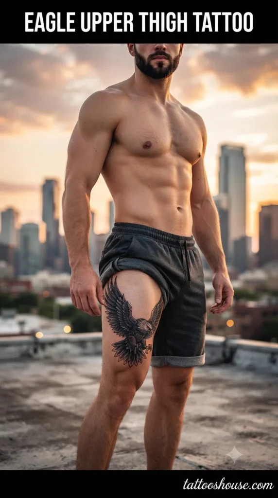 Eagle upper thigh tattoo for men on fair thigh on rooftop by tattooshouse.com