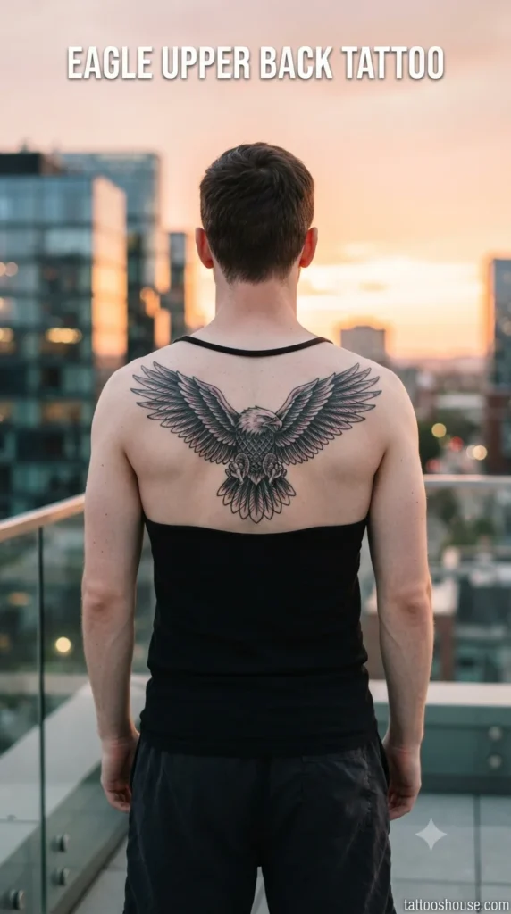 Eagle upper back tattoo for men on pale back on rooftop by tattooshouse.com