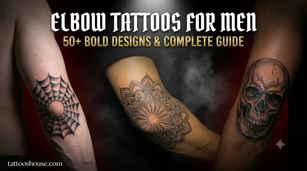Elbow tattoos for men featuring three different styles – spider web, mandala, and skull on masculine arms by tattooshouse.com