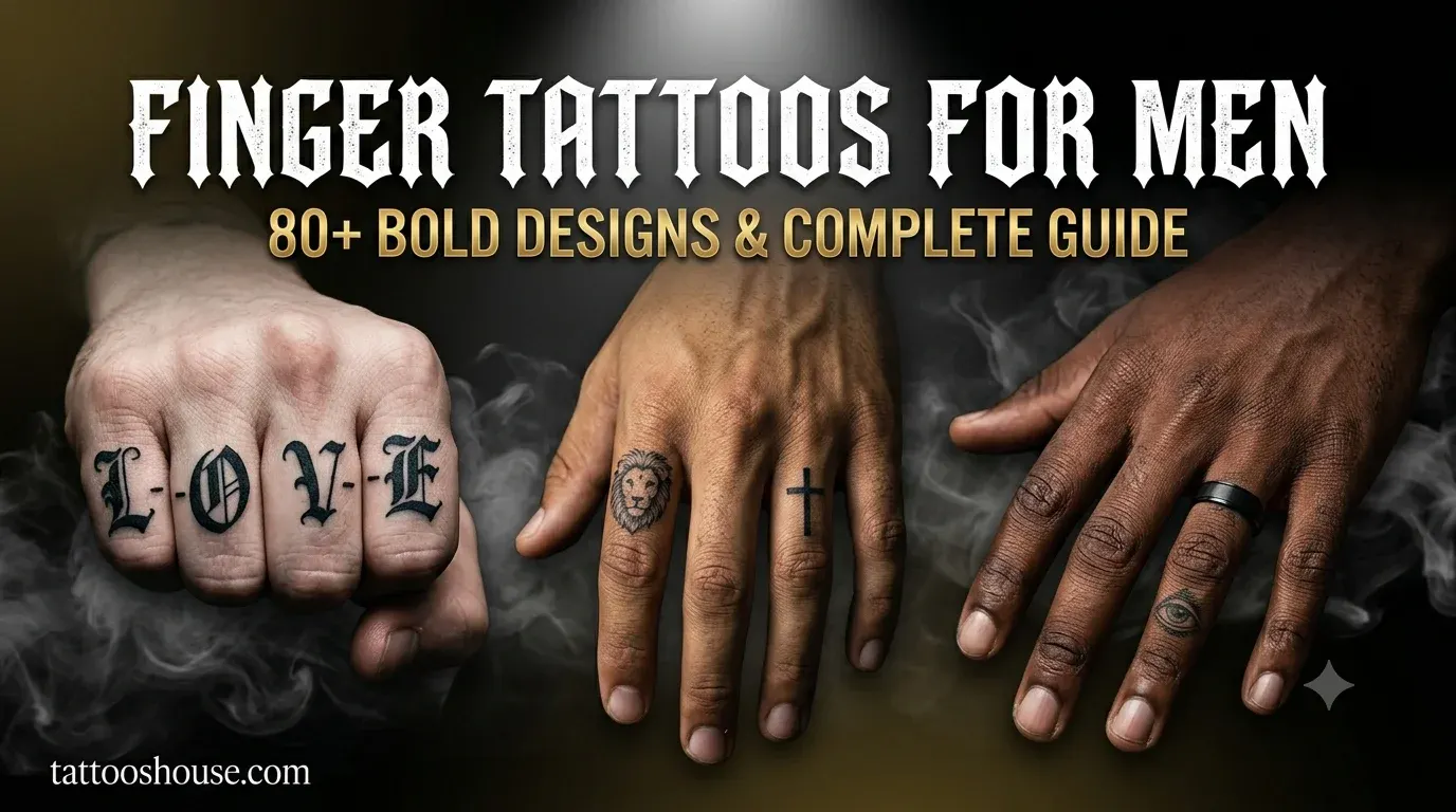 Finger tattoos for men featuring three different styles – knuckle words, lion head and cross, and wedding band with all-seeing eye on masculine hands by tattooshouse.com