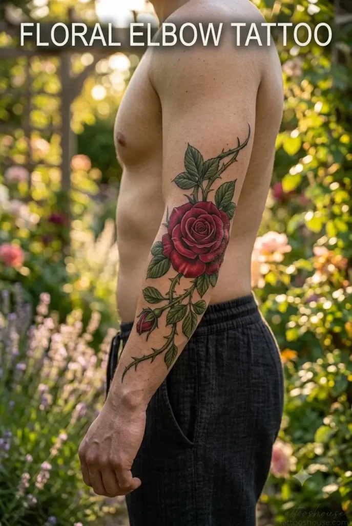 Realistic rose elbow tattoo for men on olive arm in garden with red petals by tattooshouse.com