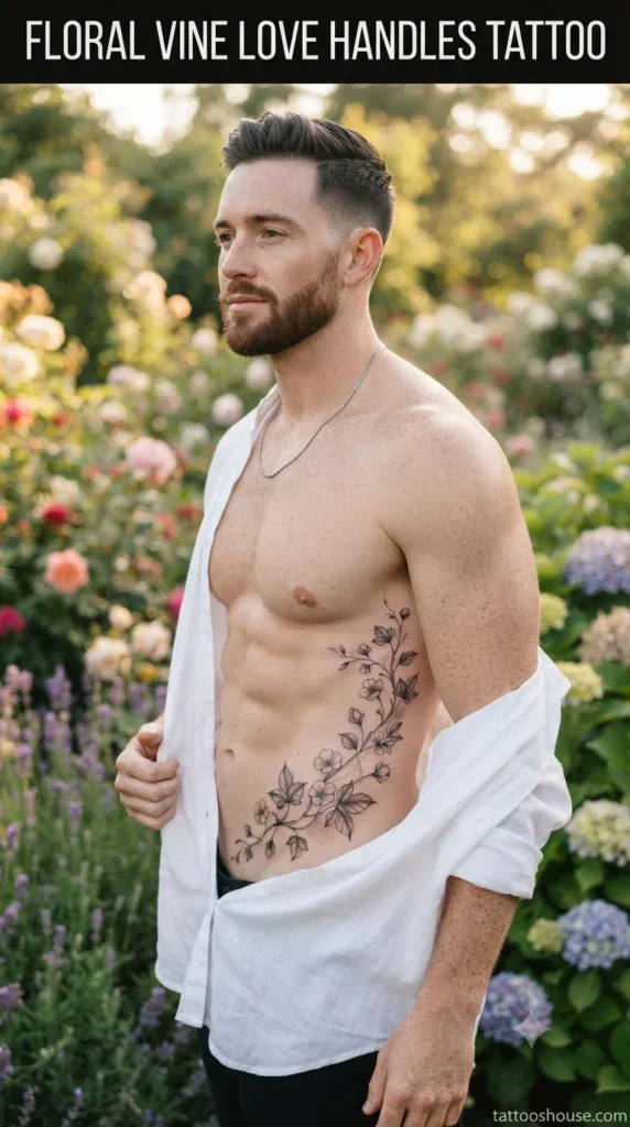 Floral vine love handles tattoo for men on fair side torso in garden by tattooshouse.com