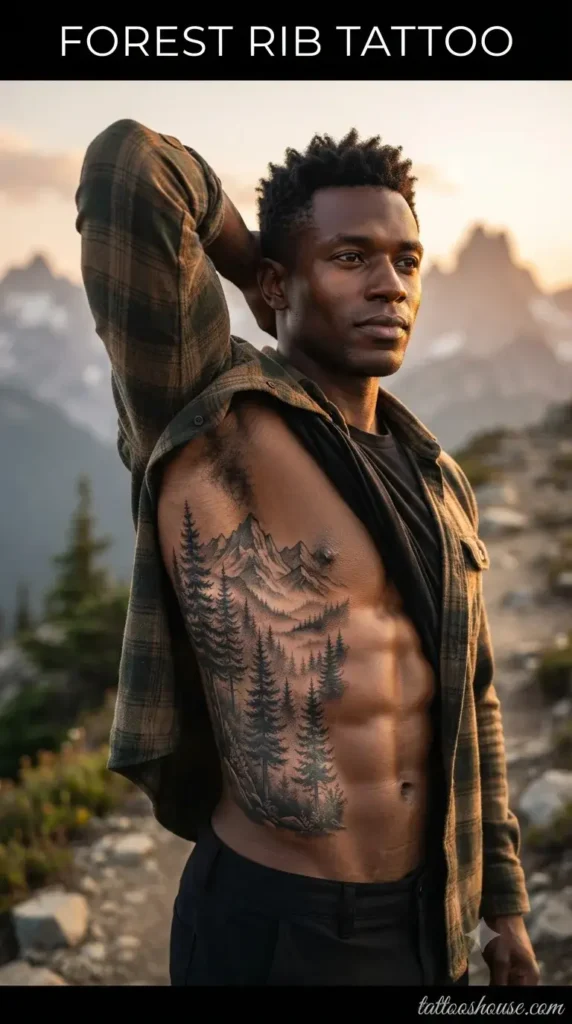 Forest rib tattoo for men on dark brown torso on mountain by tattooshouse.com