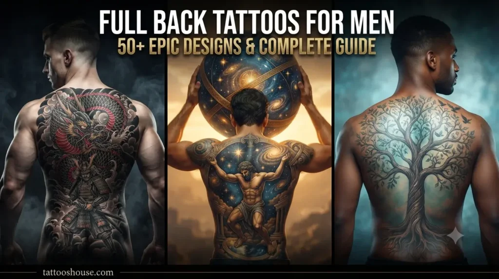 Full back tattoos for men featuring three epic styles – Japanese dragon and samurai, Atlas mythological scene, and Tree of Life on different backs by tattooshouse.com