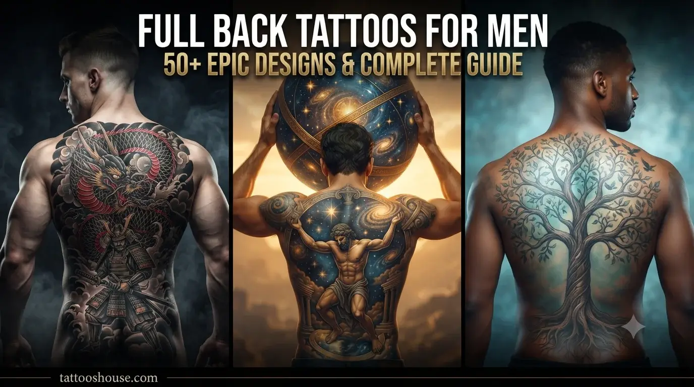 Full back tattoos for men featuring three epic styles – Japanese dragon and samurai, Atlas mythological scene, and Tree of Life on different backs by tattooshouse.com