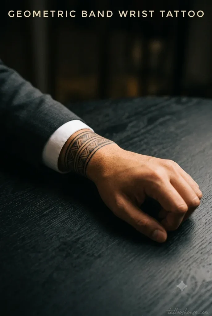 Geometric band wrist tattoo for men on tan wrist by tattooshouse.com