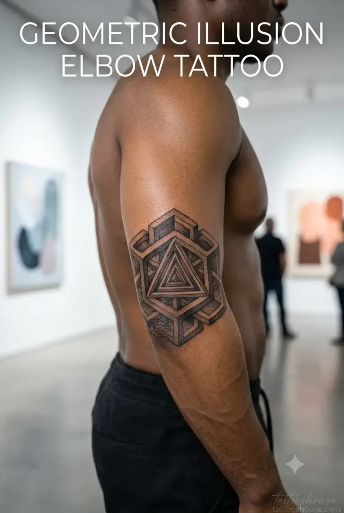 Geometric illusion 3D elbow tattoo for men on olive arm in art gallery with optical effects by tattooshouse.com