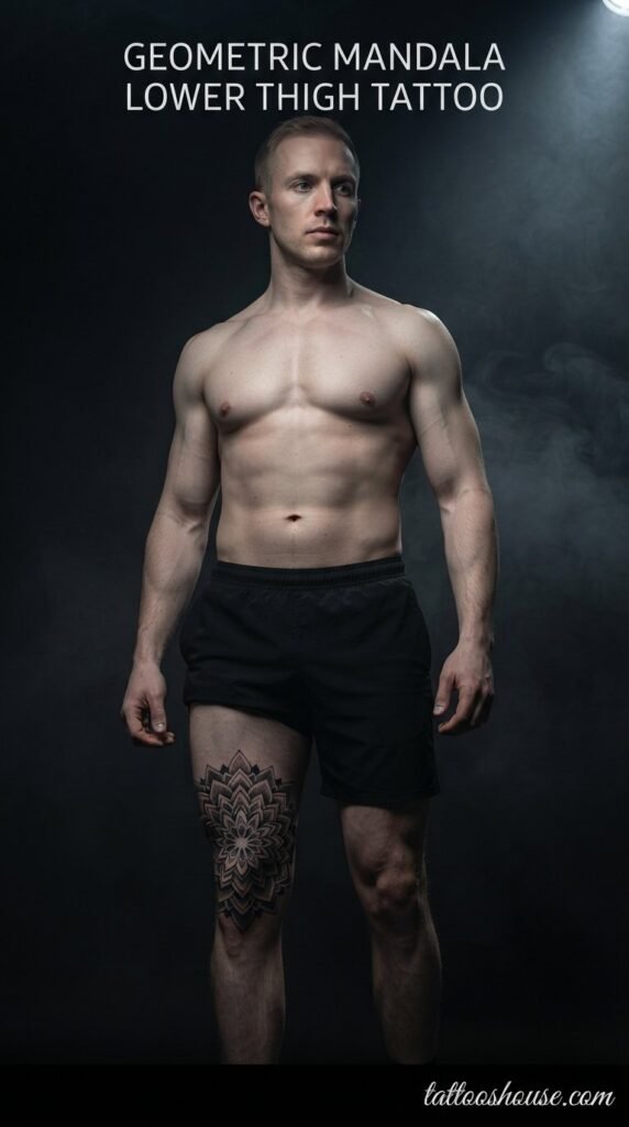 Geometric mandala lower thigh tattoo for men on pale thigh in dark studio by tattooshouse.com