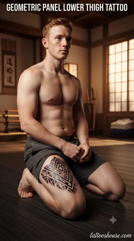 Geometric panel lower thigh tattoo for men on fair thigh in dojo by tattooshouse.com