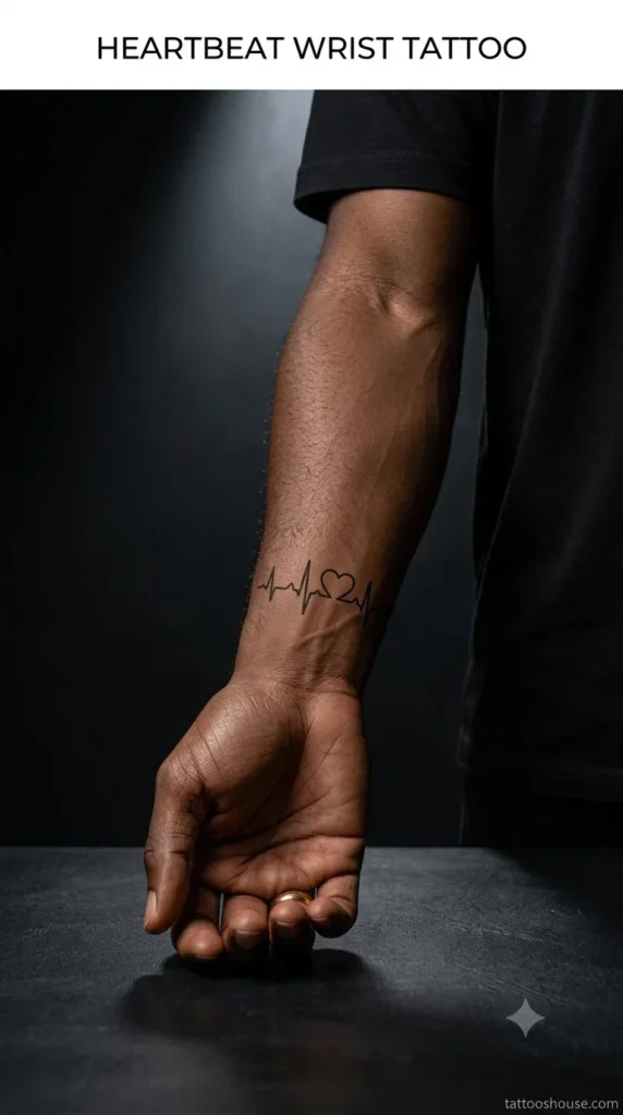 Heartbeat EKG line wrist tattoo for men on dark brown inner wrist by tattooshouse.com