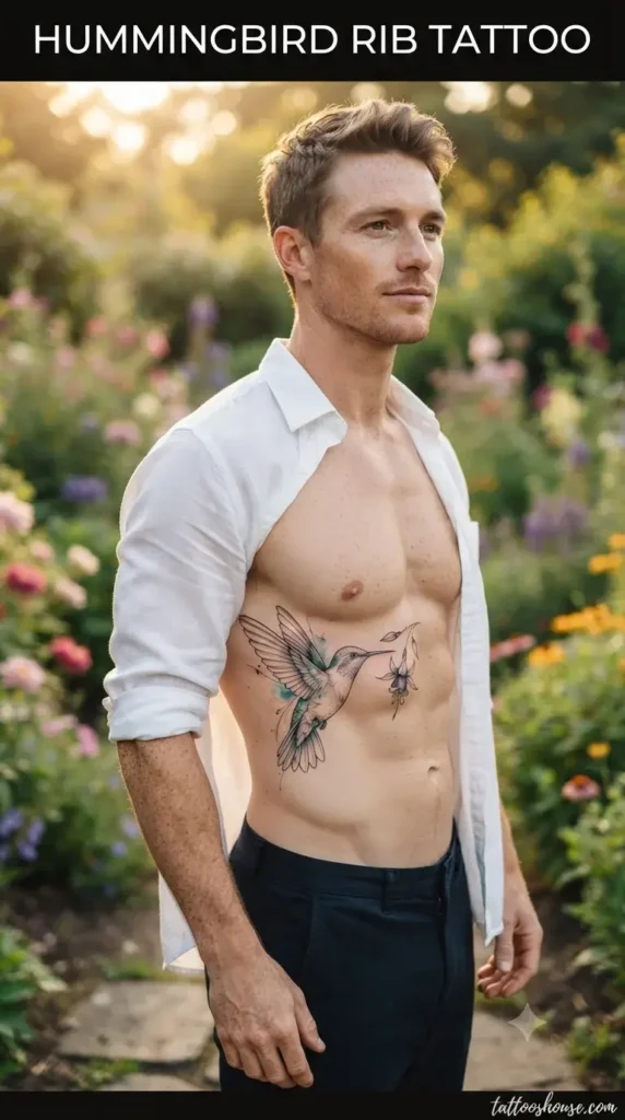 Hummingbird rib tattoo for men on fair torso in garden by tattooshouse.com