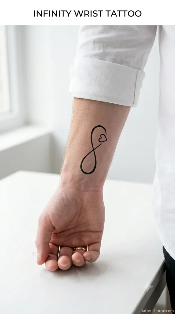 Infinity symbol wrist tattoo for men on pale inner wrist by tattooshouse.com