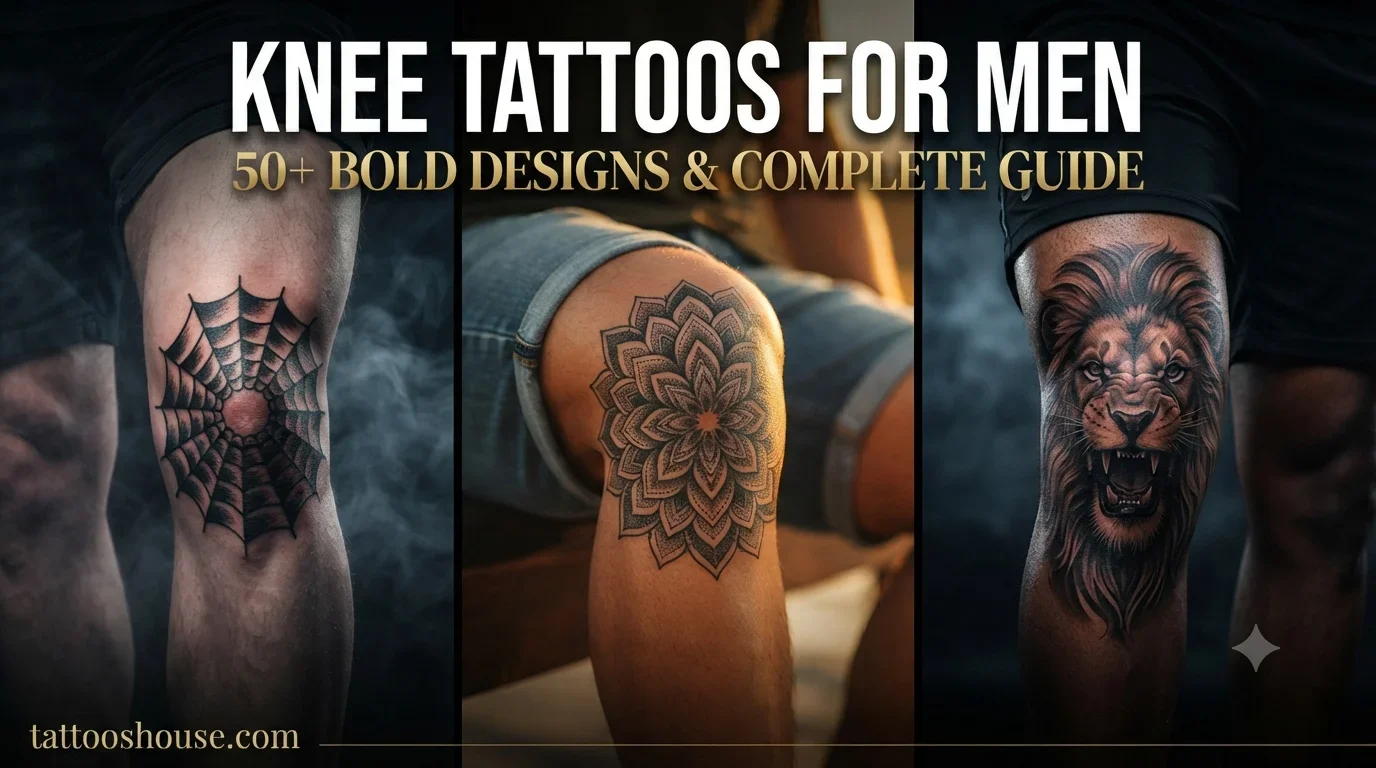 Knee tattoos for men featuring three styles – spider web, mandala, and lion head on different knees by tattooshouse.com