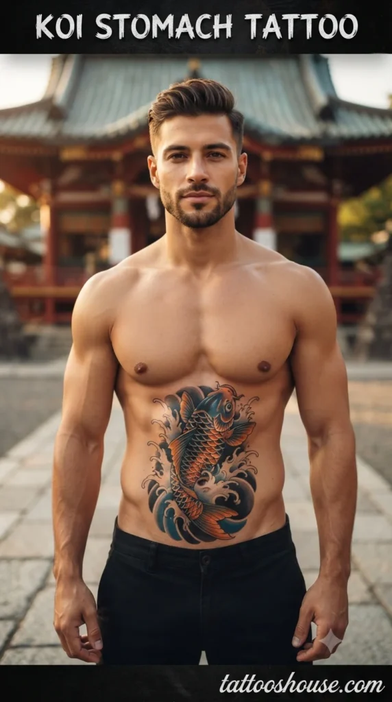 Koi fish stomach tattoo for young man on olive torso by tattooshouse.com