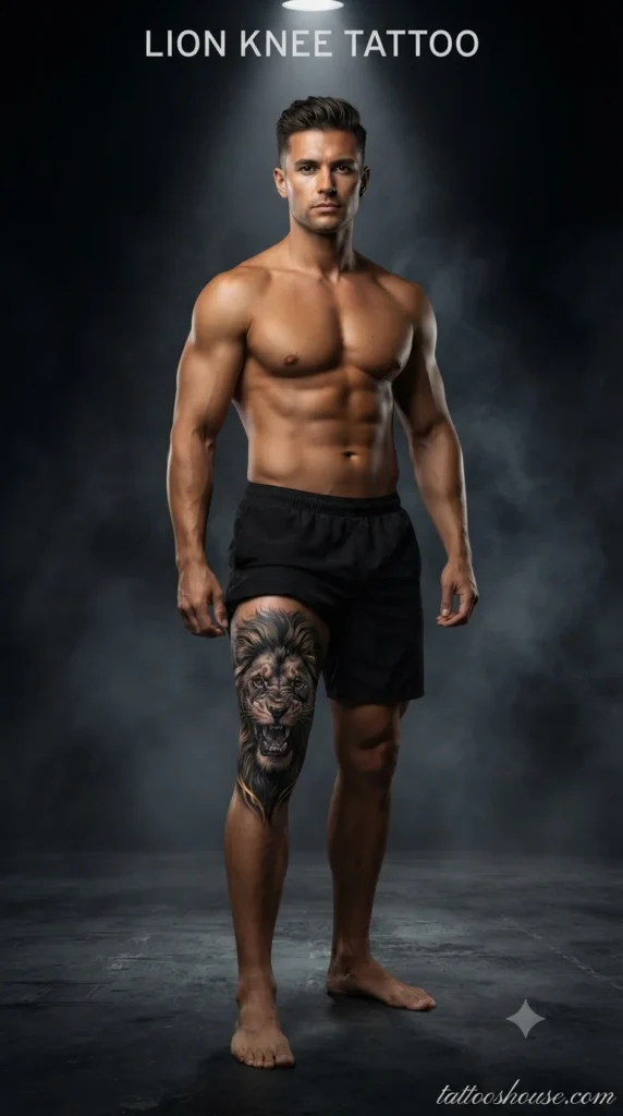 Lion knee tattoo for men on tan knee in dark studio by tattooshouse.com