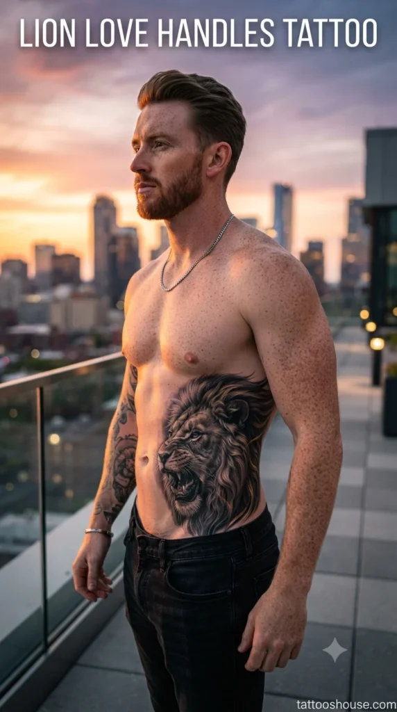 Lion love handles tattoo for men on fair side torso on rooftop by tattooshouse.com