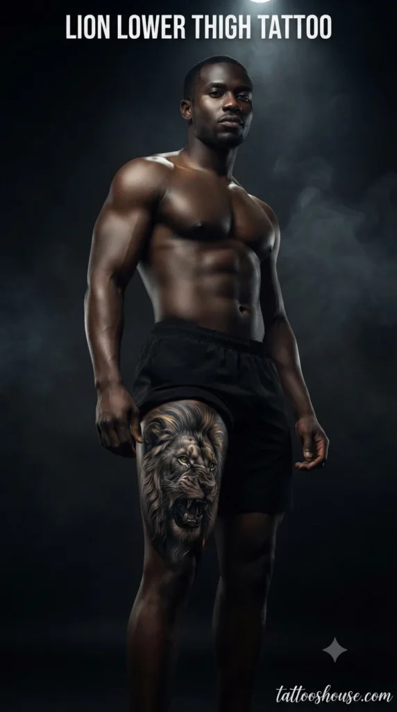 Lion lower thigh tattoo for men on dark ebony thigh by tattooshouse.com
