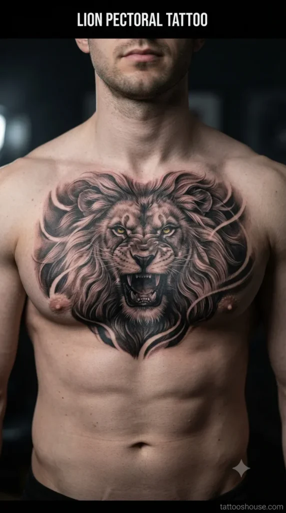 Lion pectoral tattoo for men on pale chest by tattooshouse.com