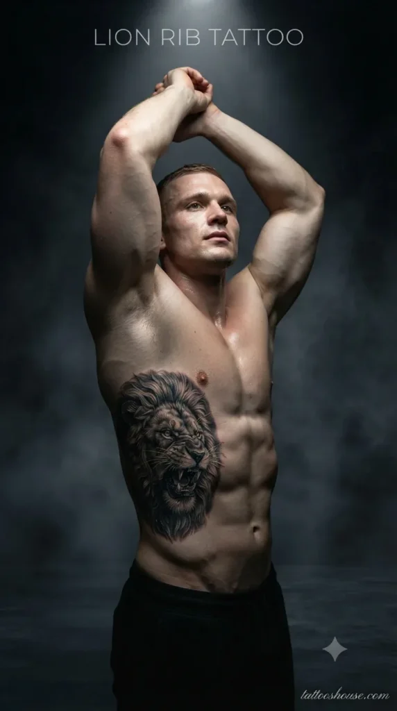  Lion rib tattoo for men on pale torso in dark studio by tattooshouse.com