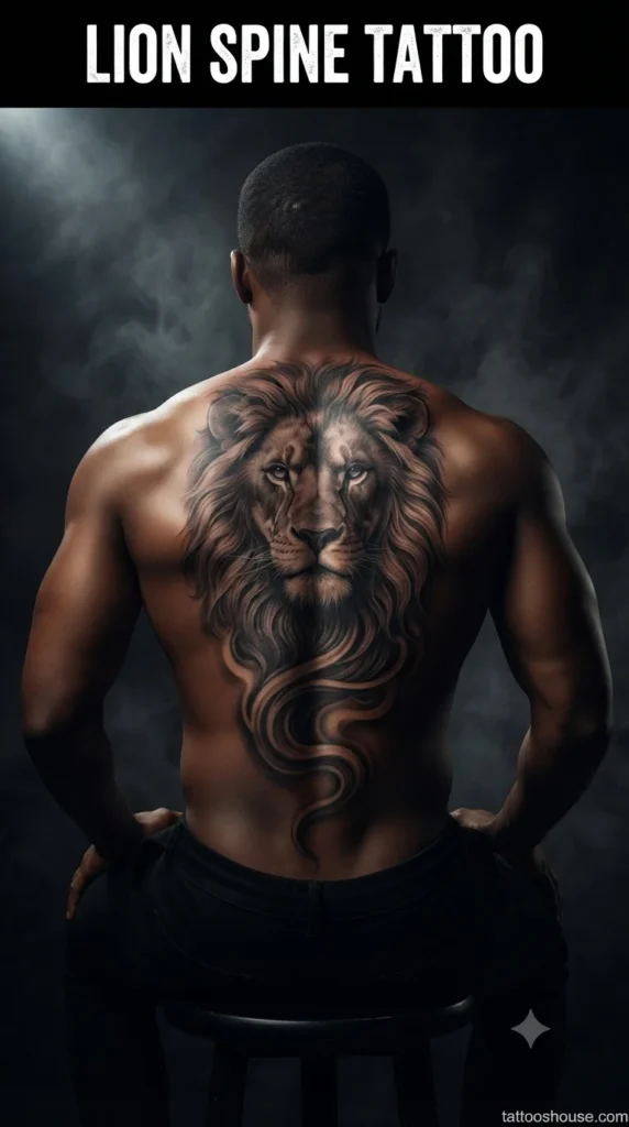 Lion spine tattoo for men on dark brown back in dark studio by tattooshouse.com