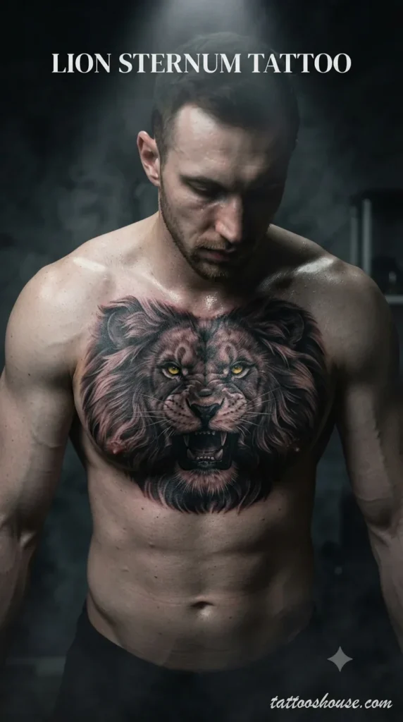 Lion sternum tattoo for men on pale chest in dark studio by tattooshouse.com