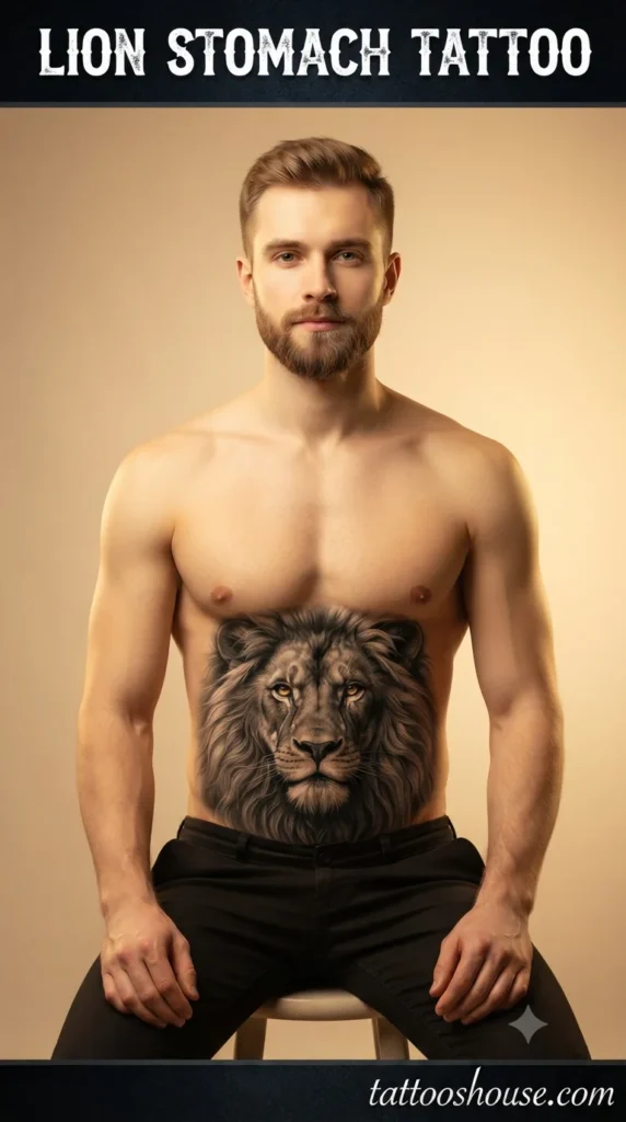 Lion stomach tattoo for young man on pale torso in studio by tattooshouse.com