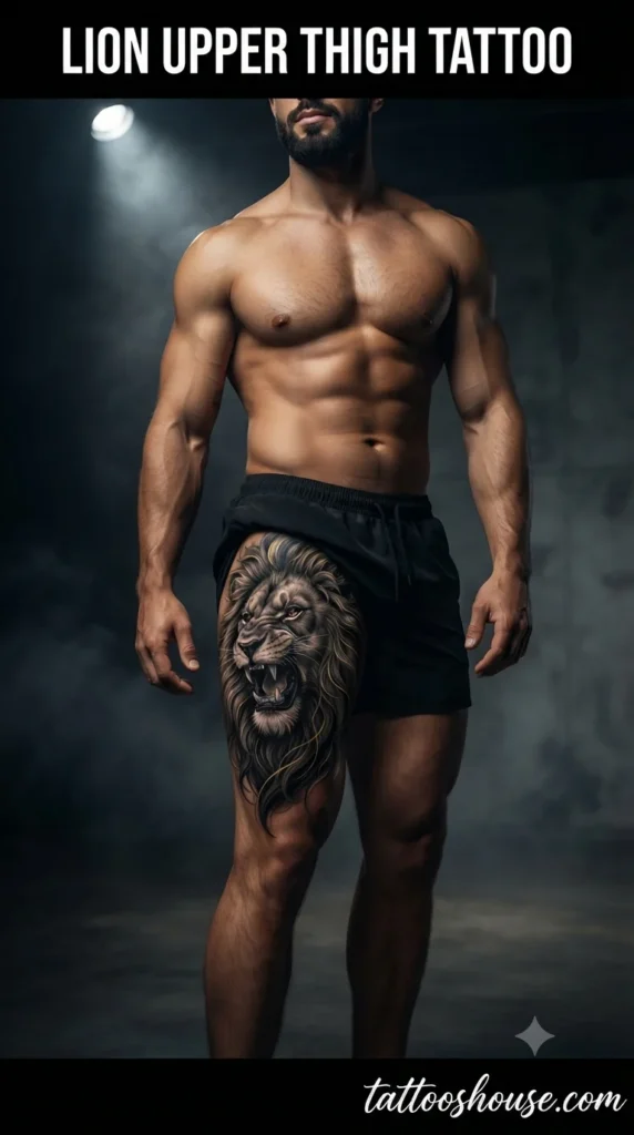 Lion upper thigh tattoo for men on tan thigh in dark studio by tattooshouse.com